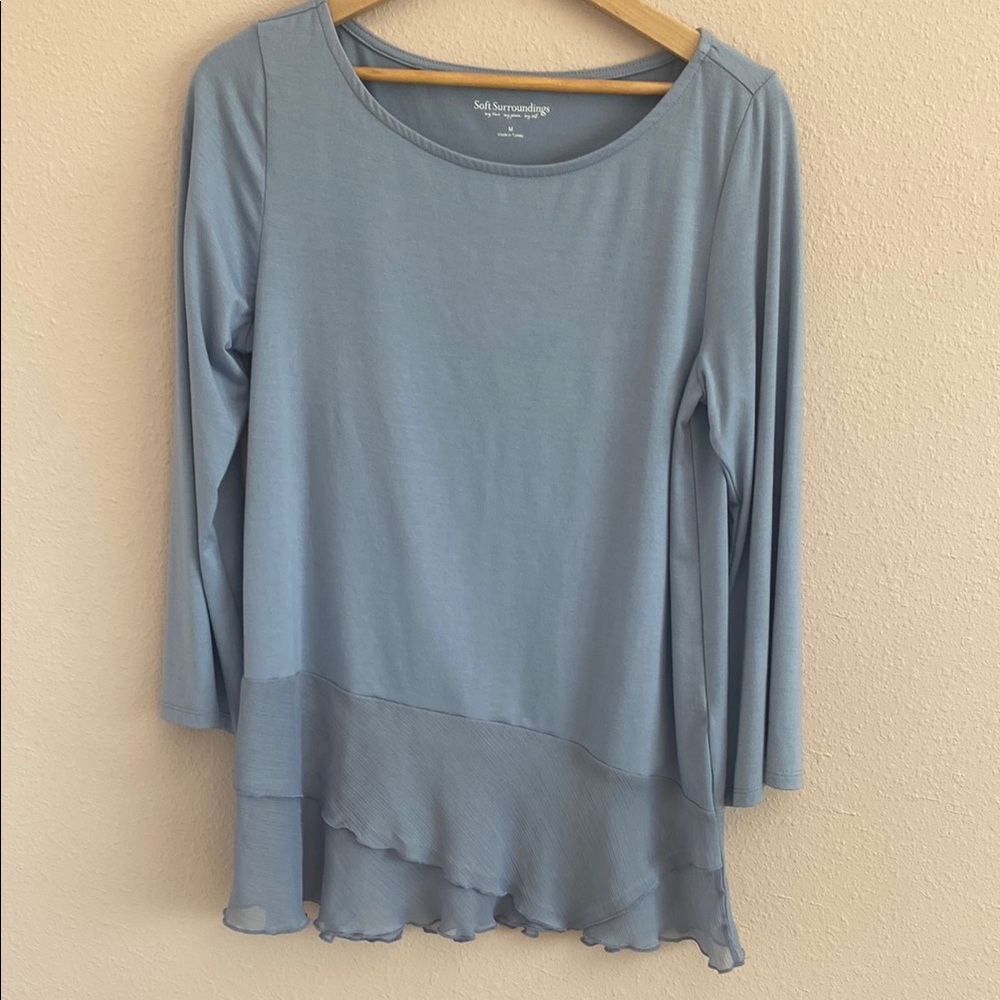 Soft Surroundings Blue Asymmetrical Ruffled Blouse